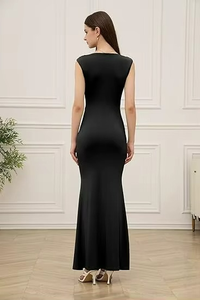 Factory Customized Elegant Silk Satin <b>Boat</b> Neck Maxi Dress Elegant High Thigh Bodycon Sleeveless Maxi Dress - Product Image 3