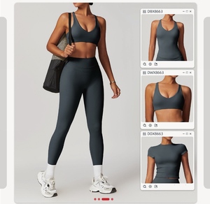 Ensemble de yoga uni pour femme, legging taille haute et crop top dos nageur col en V, sans couture, en Spandex et Polyester, vêtements de sport anti-transpiration - Product Image 1