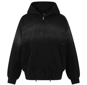Sweat-shirt unisexe noir à capuche zippé, coupe classique, couleur unie, en molleton bouclette tricoté, manches longues, anti-plis, manches raglan - Product Image 1