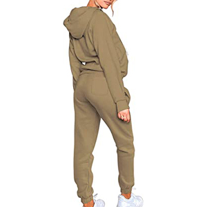 Ensemble de survêtement kaki à capuche pour femme, manches longues, couleur unie, décontracté, avec poches et fermeture éclair - Product Image 2