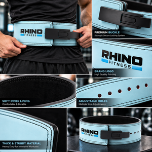 Ceinture de soutien lombaire ajustable en cuir bleu clair Rhino Fitness pour la protection professionnelle et la compression de la taille en salle de sport - Product Image 5