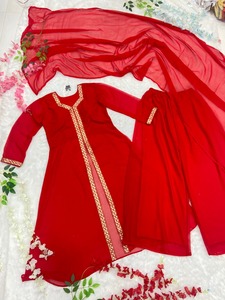 Red Cotton Lace Quick Dry <b>Kurta</b> Dupatta Set Women's Ethnic Wear Regular Length Traditional <b>Indian</b> Pakistani Suit for Karwa - Product Image 5