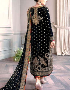 Black Embroidered Velvet Anarkali Suit Long Shirt Length Traditional Indian Pakistani Wedding <b>Dress</b> Women Formal Evening Wear - Product Image 3