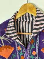 Veste d'hiver respirante en velours Suzani bleu, faite à la main, col montant, broderie florale fantaisie, style bohème hippie indien, unisexe
