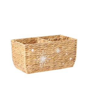 Boho Water Hyacinth <b>Storage</b> Basket <b>3</b> Section Woven Decorative Organizer <b>Bin</b> Star Embroidered Baby Nursery Caddy - Product Image 1