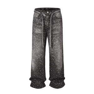 Jeans Rectos Casuales de Verano para Mujer, Transpirables, de Poliéster, Cintura Alta, Cierre de Cremallera, Corte Holgado, Decoración con Perlas - Product Image 1