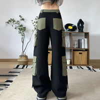 Pantalon cargo en toile taille haute pour femme, grande taille, coupe ample, longueur intégrale, style utilitaire, noir et vert, avec poches, taille élastique, pour l'automne
