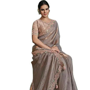 Sari largo drapeado de un minuto de largo, inspirado en celebridades, con hermoso trabajo de lentejuelas de doble color y bordado dori, con blusa. - Product Image 1