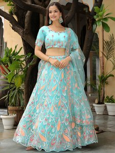 Elegant Casual Turquoise 100% Silk Chiffon Lehenga Set Hand Embroidery Floral <b>Pattern</b> <b>A</b>-<b>Line</b> Floor-Length Party <b>Dress</b> Short - Product Image 3