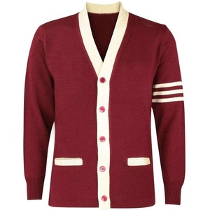 Suéter cárdigan con cuello en V color granate para hombre con ribete crema y botones rosas, manga larga, tejido acrílico, informal, con logotipos personalizados - Product Image 1