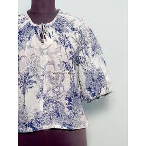 Chemise d'été vintage style indien 100% coton, imprimé floral numérique, col rond, manches bouffantes, crop top écologique et respirant pour femme - Product Image 2