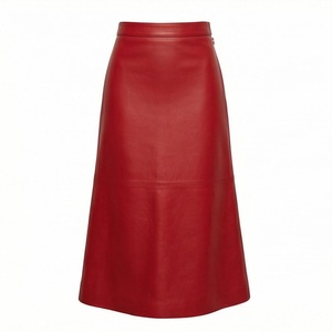 Jupe midi trapèze rouge en similicuir pour femme, couleur unie, élégante, longueur mi-mollet - Product Image 1