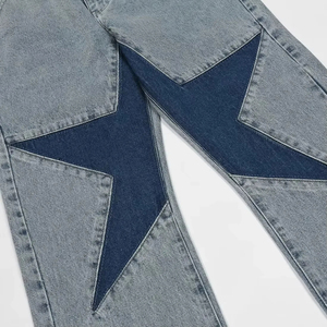 Jean en denim patchwork taille haute pour homme, coupe ample, avec applique étoile, en coton délavé, style décontracté, mode printemps, pantalon streetwear - Product Image 6