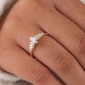 Bague en cluster de diamants taille marquise de 1,00 carat, style floral, cultivés en laboratoire, avec or massif 14 carats, bijoux fins pour demande en mariage pour la mariée - Product Image 6