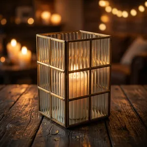 <b>Square</b> Brass Frame <b>Glass</b> Lantern Votive Holder Home Decoration Tabletop Decor Wedding Accent - Product Image 1
