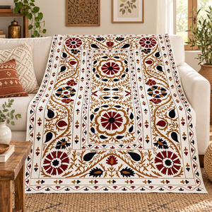 Premium Suzani Cotton Bedsheet White Maroon Black <b>Floral</b> Embroidery Handmade Indian Boho Ethnic Home Decor <b>Bedspread</b> Coverlet - Product Image 5