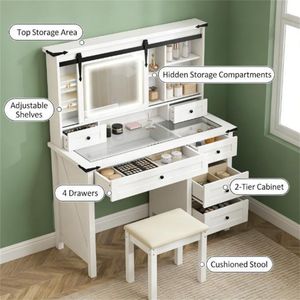 Mobiletto Bianco per Camera da Letto con Toeletta, Sgabello Imbottito e Cassetto Contenitore per Trucchi - Product Image 2