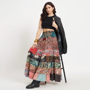 Wholesale BohemianTiered <b>Patchwork</b> women's casual <b>skirts</b> Ankle-Length Colorful silk <b>skirt</b> Smooth comfortable pleated <b>skirt</b> - Product Image 5