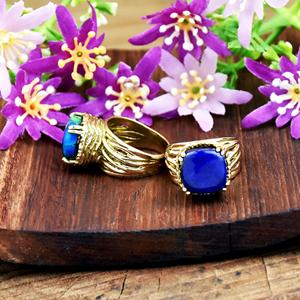แหวนพลอยสีฟ้าครามธรรมชาติรูปทรงคุชชั่นประดับด้วยพลอยลาพิส ลาซูลี แหวนทองคำสไตล์โบโฮ - Product Image 5