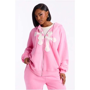 <b>Women's</b> Pink Oversized <b>Hoodie</b> With <b>White</b> Applique Cross Design Fleece Zip-Up Sweatshirt Autumn Wear - Product Image 3