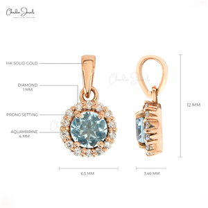 Chordia Jewels Natural 4mm Round Cut Aquamarine & Diamond Halo <b>Pendant</b> 14k <b>Solid</b> Rose <b>Gold</b> Wholesale Wedding <b>Pendant</b> Jewelry - Product Image 3