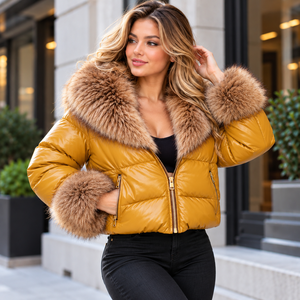 Chaqueta Acolchada de Moda para Mujer con Cuello y Puños de Piel de Zorro Esponjosa, Ropa de Invierno al por Mayor - Product Image 5
