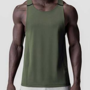 Débardeur de sport pour homme vert olive personnalisé, sans manches, dos nageur, pour musculation, avec bande contrastante, idéal pour la course à pied - Product Image 1