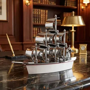 Maqueta de Barco de Metal con Acabado Cromado, Pieza Decorativa Náutica, Escultura de Barco, Decoración para Mesa de Oficina u Hogar, Regalo - Product Image 3