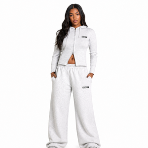 Conjunto de Sudadera con Capucha y Pantalones Palazzo para Mujer, Color Gris Jaspeado, Ligero, Informal, Ropa Deportiva Urbana, con Logotipo Personalizado, Proveedor de Ropa Deportiva - Product Image 1