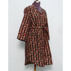 Indian Cotton Women's Midi Dress Hand Block Floral Printed Cute Vintage Style for Spring Winter Summer Casual Party <b>Button</b> - Product Image 5