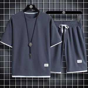 Mens Casual Solid Color Summer Two Piece Shorts Suit Loose 2 Piece Waffle T-shirt Short Set <b>Tracksuit</b> - Product Image 4