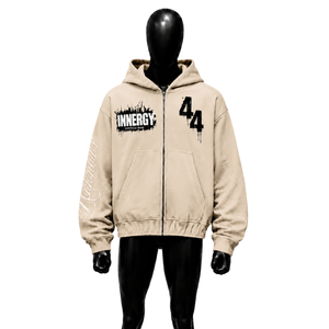 Sweat-shirt à capuche oversize beige avec fermeture éclair, style streetwear, en coton French Terry, avec logo brodé sur le devant et poche. - Product Image 1
