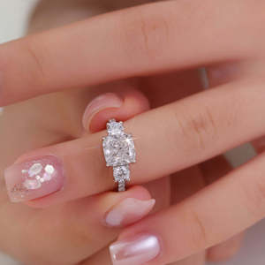 IGI Certified Three Stone <b>Cushion</b> Cut Lab Grown Diamond Engagement <b>Ring</b> Half Eternity Pave Band for Women Solid Gold <b>Ring</b> - Product Image 4