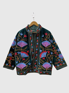 Chaqueta de Terciopelo con Bordado Floral a Mano, Cuello Mandarín, Manga Larga, Talla Grande, Abrigo de Otoño para Mujer, Estilo Prairie Chic - Product Image 3