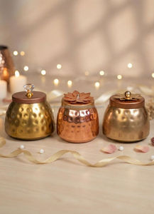 Round Copper Metal Jar with Gold Airtight Seal Lid and <b>Crystal</b> <b>Knob</b> Vintage Table Decoration Accessory - Product Image 2