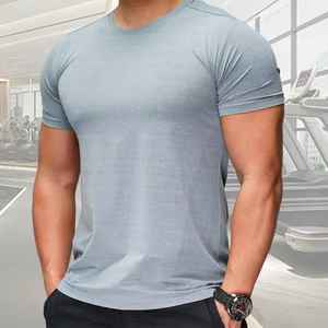 T-shirt de sport moulant pour homme, col rond, manches courtes, respirant, en Spandex/Polyester, haut d'entraînement, style urbain, 220g, couleur unie - Product Image 2