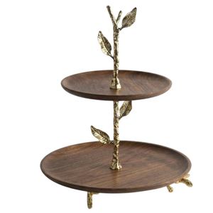 Support à gâteau de luxe à 2 niveaux en bois de manguier et métal argenté avec bord perlé, élégant plateau de service rond à étages pour la décoration de cupcakes - Product Image 4