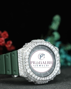 นาฬิกา Pragalbh Jewels แบบกำหนดเอง ประดับเพชรหรูหรา สไตล์ฮิปฮอป ควอตซ์โครโนกราฟ สายยางสีเขียว - Product Image 3