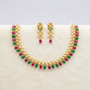 Collier en alliage de cuivre et perles indiennes pour femmes, plaqué or, avec zirconiums cubiques, ensemble de bijoux traditionnels pour mariée, mariage et fête, vente en gros ODM - Product Image 2