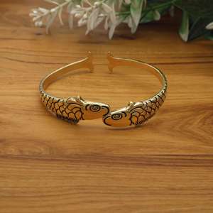 Antique Gold Double Fish Cuff <b>Bracelet</b> | Koi Fish Open Bangle Brass | Ethnic Bohemian Animal Motif Wristband Indian - Product Image 3