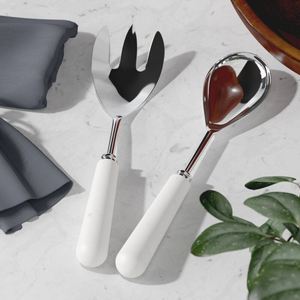 Ensemble de service à salade en acier inoxydable poli argenté de qualité supérieure, avec manche blanc moderne, élégant ensemble de cuillères et fourchettes en métal - Product Image 1