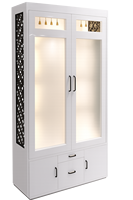 Portes de temple modernes en teck blanc avec armoire de rangement Om Pooja Mandir, style contemporain indien, faites à la main, pour salle de prière, Australie