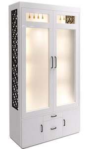 Modern White Teak Wood Temple Doors with Om Pooja <b>Mandir</b> Close Cabinet Customized Contemporary Indian Handmade Pooja Room <b>Mandir</b> - Product Image 3