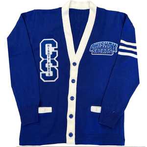 Custom Royal Blue Button Cardigan Sweater Chenille Patch Logo Embroidery <b>White</b> Contrast Pocket Trim 3 Stripe Sleeve Winter - Product Image 2