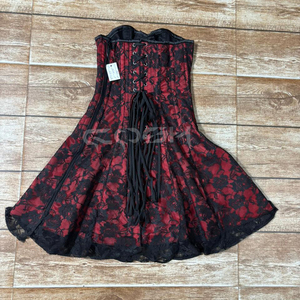 Mini-robe corset en satin rouge et dentelle noire pour femme |   Robe de soirée gothique évasée sans bretelles à col cœur - Product Image 3