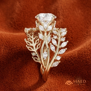 Bague en Moissanite à Coupe Ronde, Bijou Fin en Or pour Femme, Motif Feuille Florale, Cadeau de Fiançailles, Bijou de Mode Chic et Luxueux - Product Image 5