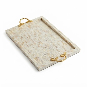 Handcrafted Mother of Pearl Inlay Tray Round Decorative <b>MOP</b> Serving Platter With Gold Handles <b>for</b> Coffee Table Ottoman On <b>Sale</b> - Product Image 3