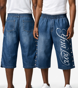 Custom Wholesale Men’s Baggy Denim Jorts Wide Leg Streetwear Jean Shorts Loose Fit Hip Hop Bermuda Denim Shorts OEM - Product Image 1