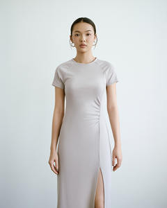 Robe longue décontractée pour femme, coupe ajustée, en jersey raglan, avec fente avant, en polyviscoélasthanne, couleur unie, respirante - Product Image 1