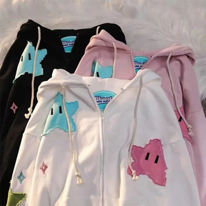 Sweat-shirt rose à capuche avec fermeture éclair, motif étoile de dessin animé, coupe oversize, décontracté, unisexe, en coton tricoté, pour l'automne - Product Image 4